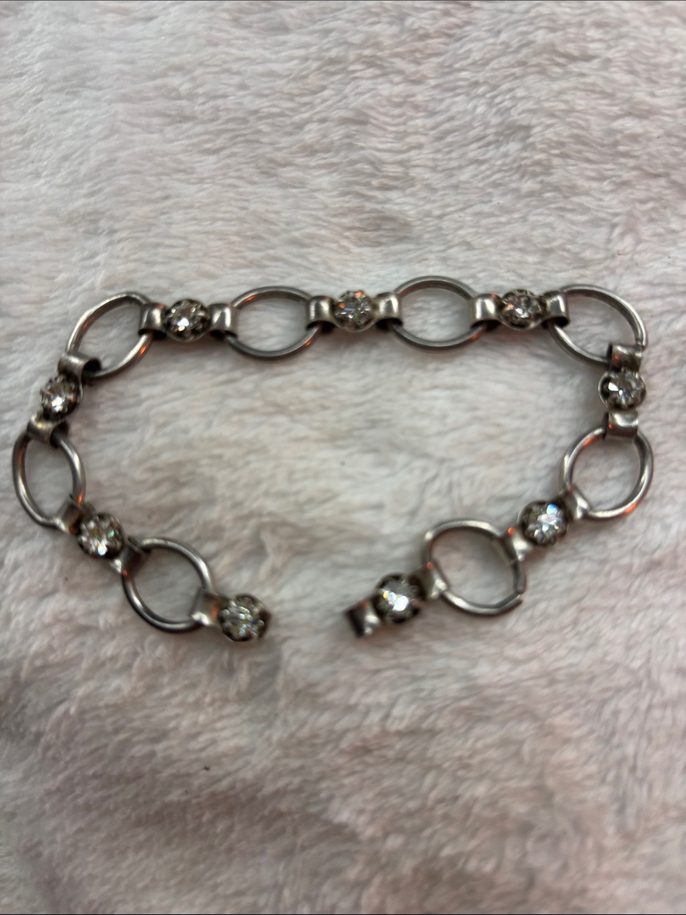 Silver Vintage Tone Link Bracelet with Clear Crystal Accents BROKEN